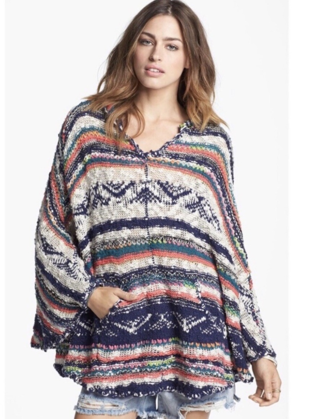 Free People Multicolor Hooded Striped Poncho Sweater